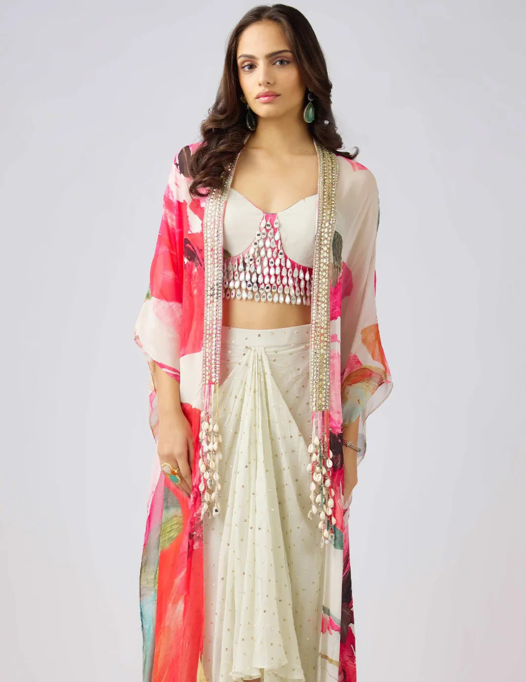 Multi Crepe Embroidered Floral Cape Set