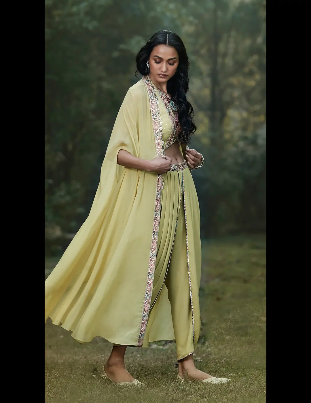 Green Georgette Dhoti & Cape Set