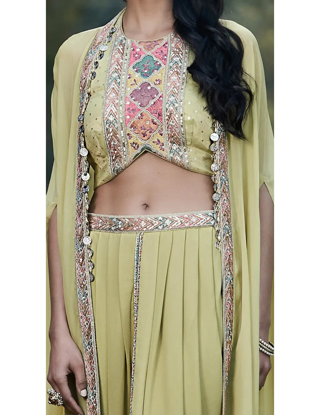 Green Georgette Dhoti & Cape Set