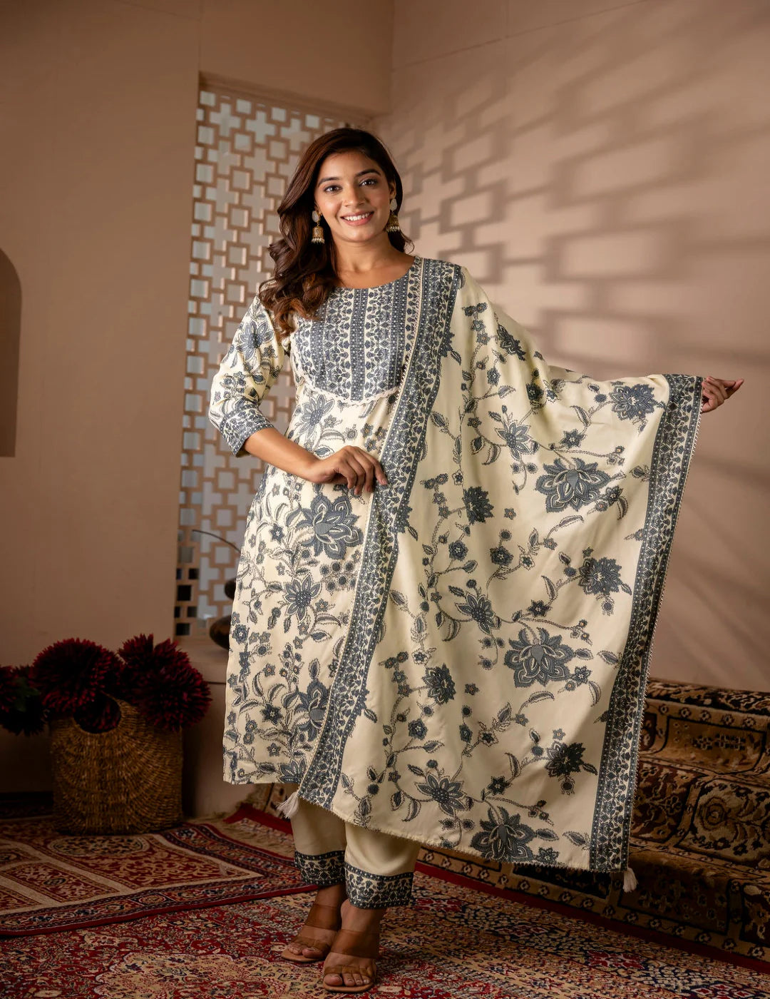 White Floral Printed Kurta Set