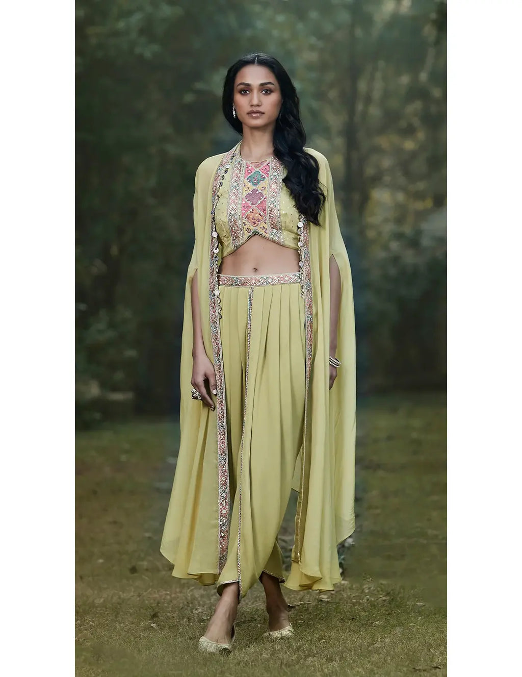 Green Georgette Dhoti & Cape Set