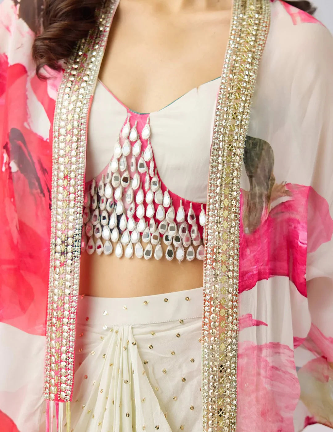 Multi Crepe Embroidered Floral Cape Set