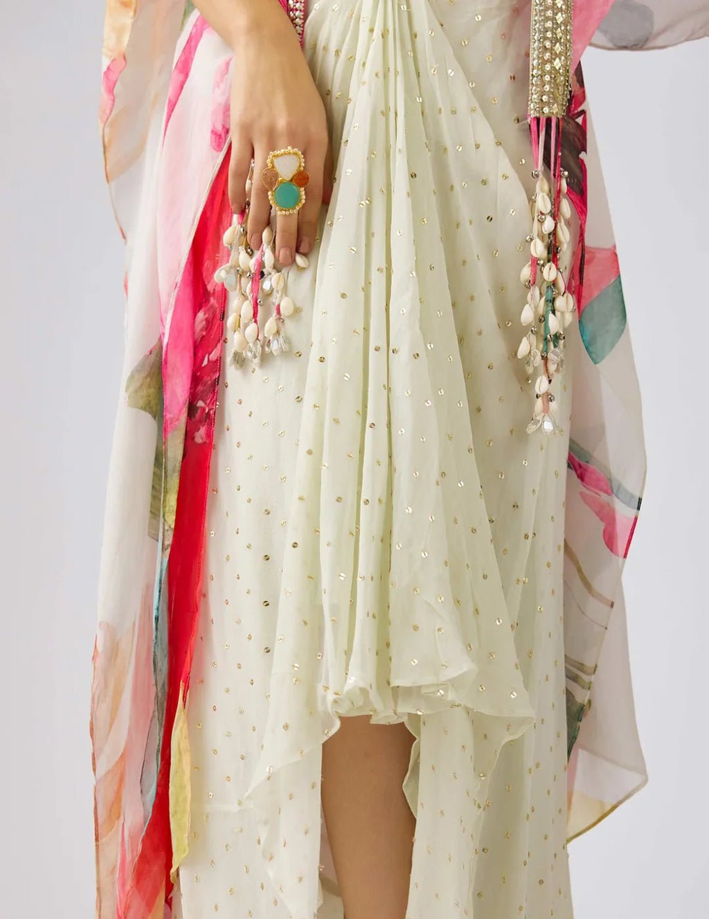 Multi Crepe Embroidered Floral Cape Set
