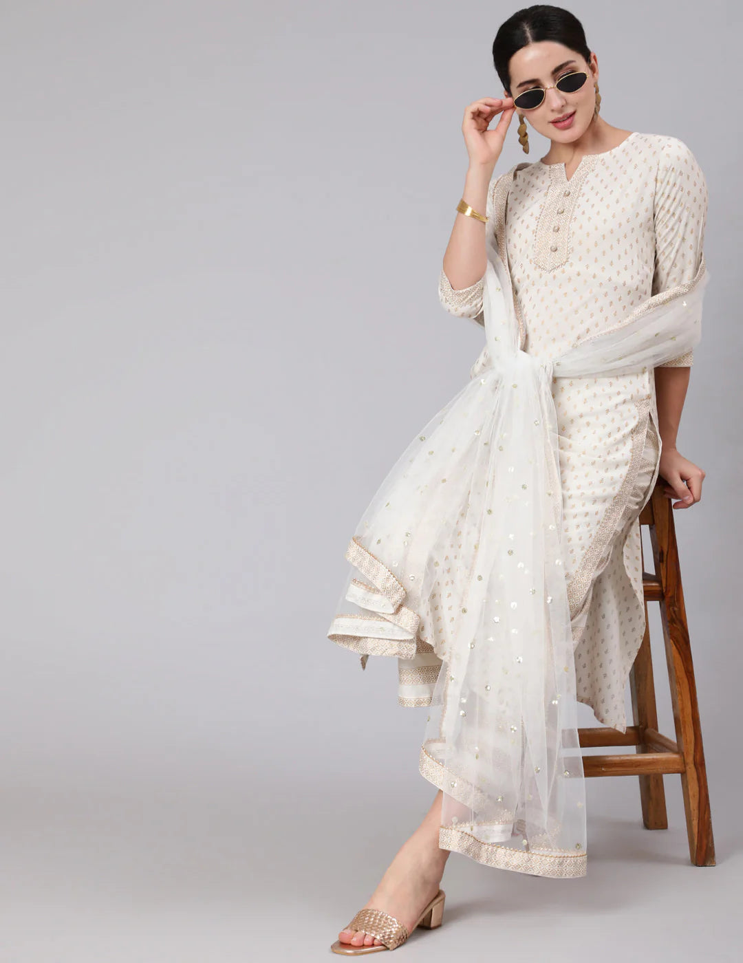 White Motifs Printed Kurta Set