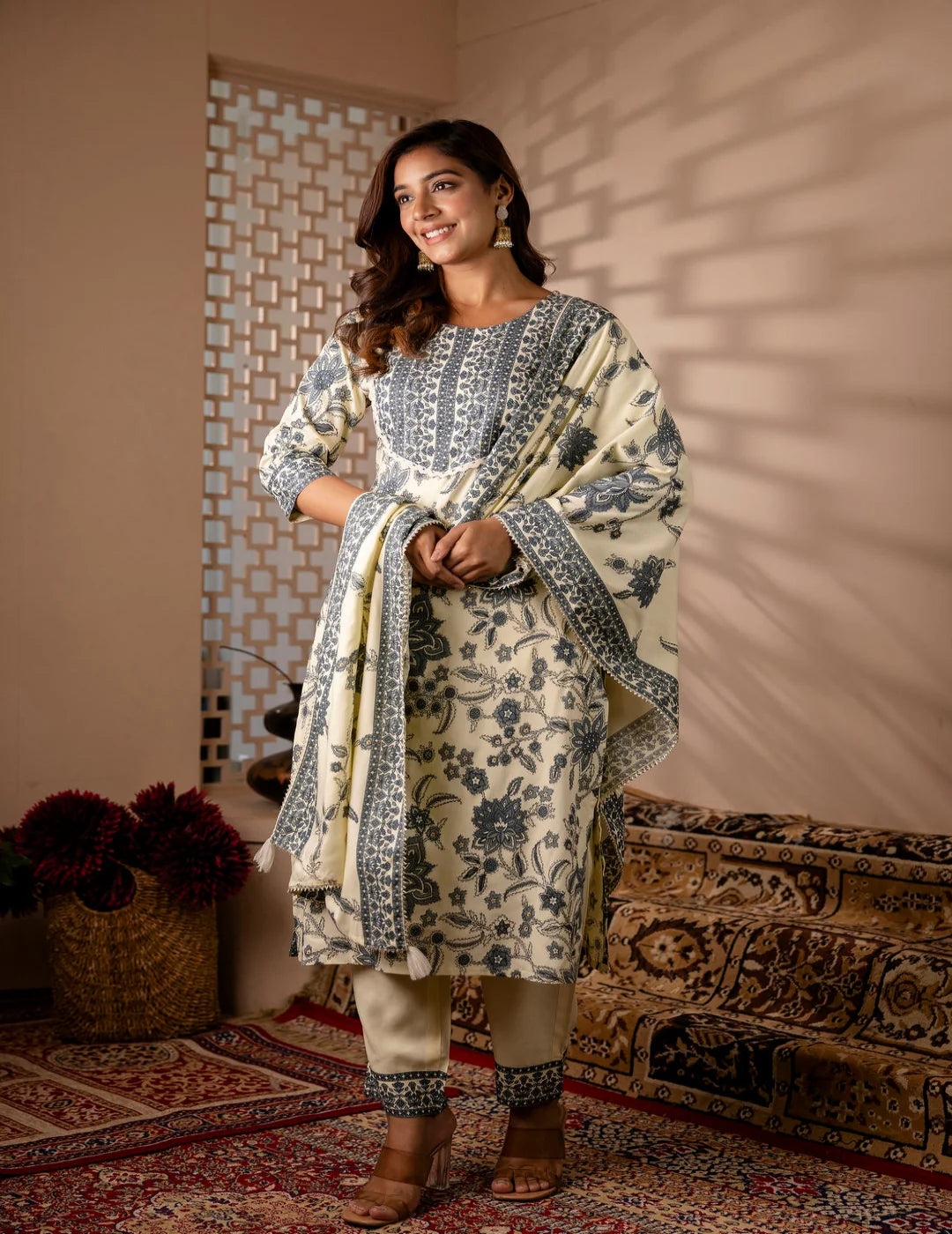 White Floral Printed Kurta Set